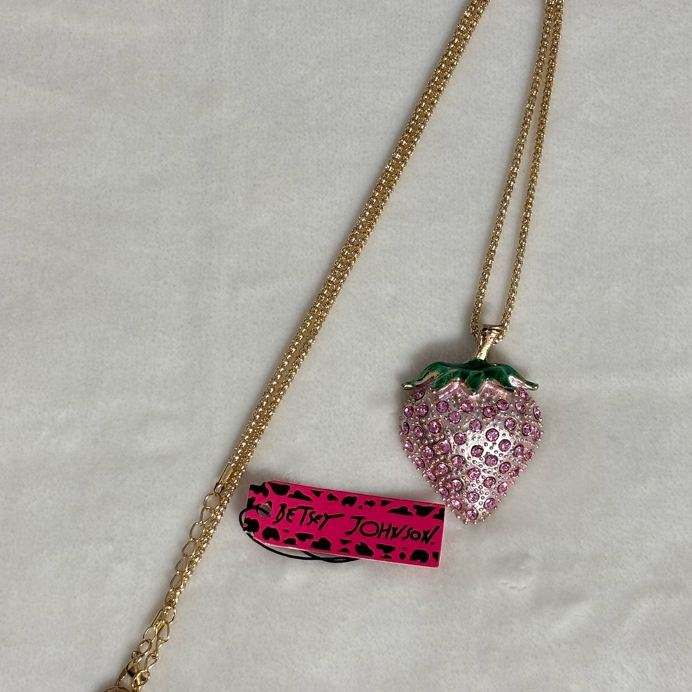 Betsey Johnson Pink Crystal Strawberry Necklace